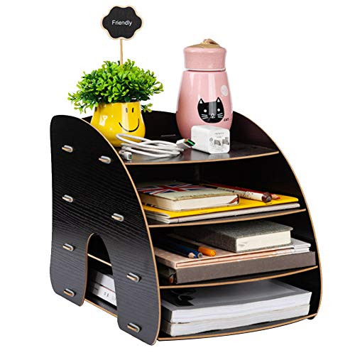 File Sorter, A4 File Stand Organizer Desk Storage Box Magazine Organizer, Desktop Storage Tool Storage Box for Home Office-Pure Black-