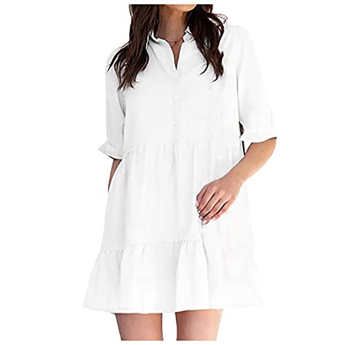 VODMXYGG Women Summer Casual Mini Dresses Fashion Solid Color V-Neck Sexy Short-Sleeved Ruffle Loose Beach Party Dress White