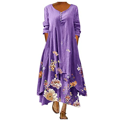 Dresses for Womens Casual,Women Casual Floral Print Dress O-Neck Long Sleeve Irregular Loose Long Dress Ball Gown Maxi Dress