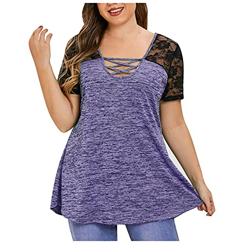 CBNOI Women's Plus Size Short Sleeve Lace Pleated Shirts Summer Henley O-Neck Flowy Blouses Tunic Tops L-5XL-A-Purple,5X-Large-