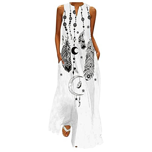 Lroveb Women Printed Maxi Dress Sleeveless V Neck Vintage Boho Beach Dress Casual Loose Summer Long Sundress White Lroveb Women Printed Maxi Dress Sleeveless V Neck Vintage Boho Beach Dress Casual Loose Summer Long Sundress White