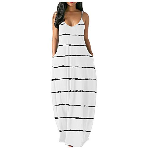 Summer Dresses for Women's Loose Casual Summer Striped Print Pocket Sling Sleeveless Dress Maxi Boho Dress White