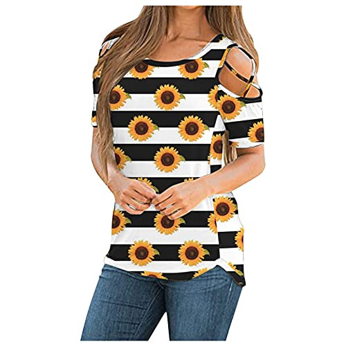 NEARTIME Womens Casual V Neck T Shirts, Summer Off Shoulder Tops O-Neck Short Sleeve Loose Basic Tees D-Orange
