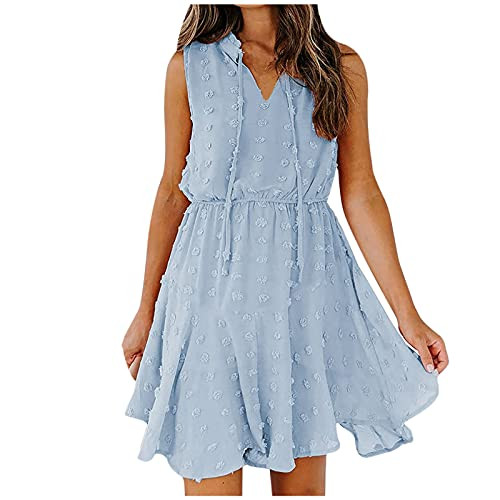 Women Chiffon V-Neck Solid Sleevless Drawstring Short Skirt Mini Dress Pure Color Casual Dress Blue