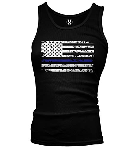 Haase Unlimited Blue Line American Flag - Support Police Cops Juniors Tank Top -Black, XX-Large-