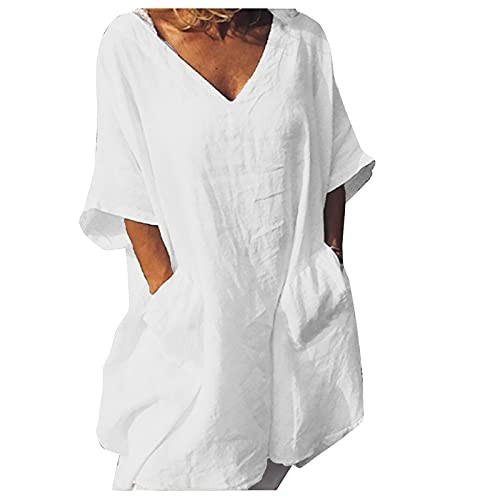 Lincox Womens Casual Solid Color T Shirt Dress Fashion Mid Sleeve V Neck Dress Summer Loose Sexy Midi Dress with Pocket White Lincox Womens Casual Solid Color T Shirt Dress Fashion Mid Sleeve V Neck Dress Summer Loose Sexy Midi Dress with Pocket White