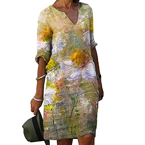 Blivener Linen Dresses for Women, Classic-Fit Summer Plus Size Gauze Floral Print V Neck Short Sleeve Linen Dress Yellow