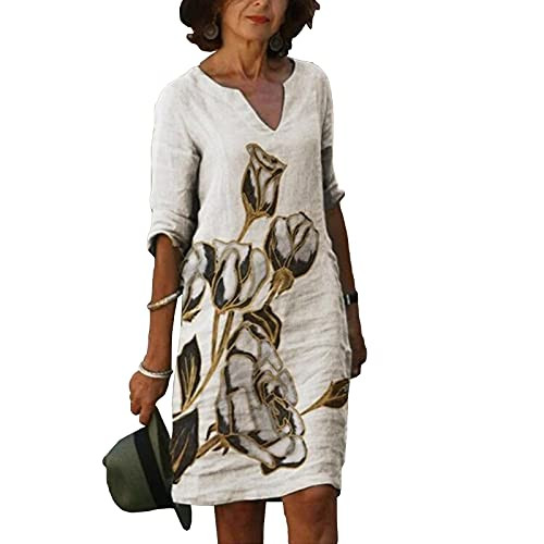 Blivener Linen Dresses for Women, Classic-Fit Summer Plus Size Gauze Floral Print V Neck Short Sleeve Linen Dress