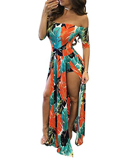 Women Sexy Maxi Romper Dresses - Floral Off Shoulder Short Jumpsuits Summer Dress High Slit Orange L Women Sexy Maxi Romper Dresses - Floral Off Shoulder Short Jumpsuits Summer Dress High Slit Orange L
