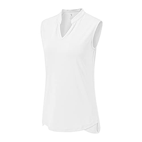 BASUDAM Women's Golf Polo Shirts V-Neck Sleeveless Collarless Tennis Athletic Shirts Quick Dry White S