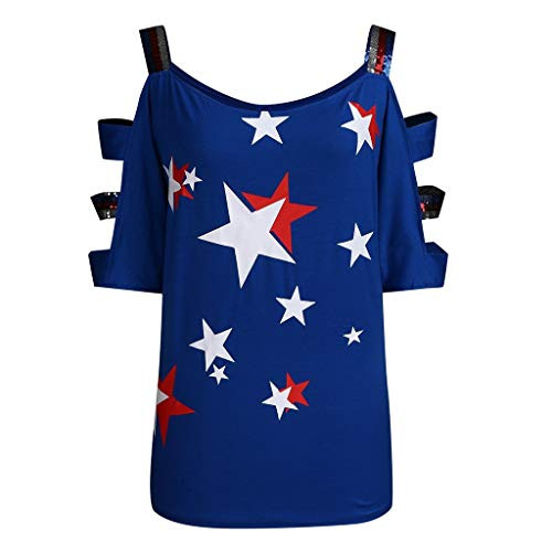 SSDXY Women Plus Size Casual Flag Print Off Shoulder Slings Sleeve T-Shirt Loose Tops Simple Blouse Tee Shirt