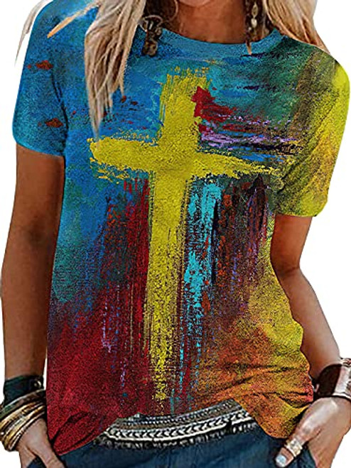 Womens Retro Distressed Tie-dye Oil Painting Printed T-Shirts Faith Jesus Cross Shirts for Women Crewneck Casual Summer Tee -Small, Yellow, s- Womens Retro Distressed Tie-dye Oil Painting Printed T-Shirts Faith Jesus Cross Shirts for Women Crewneck Casual Summer Tee -Small, Yellow, s-