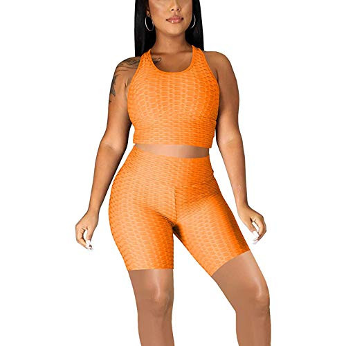 Women 2 Piece Workout Outfit Sets Bubble Textured Crop Top Butt Lift Biker Shorts Summer Gym Yoga Tracksuits -A Orange, M-