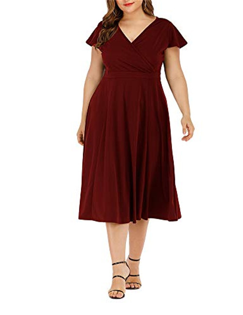 Agmibrelr Women's Flutter Sleeve Dress Deep V Neck A-Line Swing Plus Size Midi Dresses Burgundy 3XL