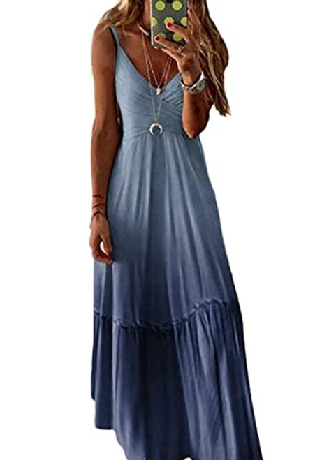 Dresses for Women Casual Gradient V Neck Long Maxi Dress Sleeveless Plus Size Summer Party Cami Long Dress Blue XL