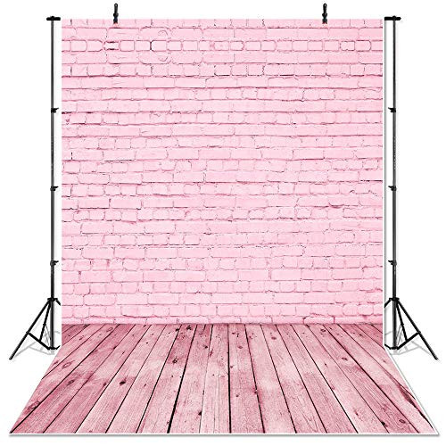 Mocsicka Pink Brick Wall with Wood Floor Photography Backdrop 6x8ft Vinyl Newborn Baby Photoshoot Children Kids Potrait Background Photo Booth Studio Props