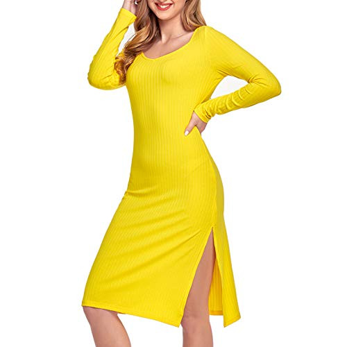 Sylanfia Bodycon Dress for Women Elegant Midi Fitted Stretchy Split Tight Dress Yellow Sylanfia Bodycon Dress for Women Elegant Midi Fitted Stretchy Split Tight Dress Yellow