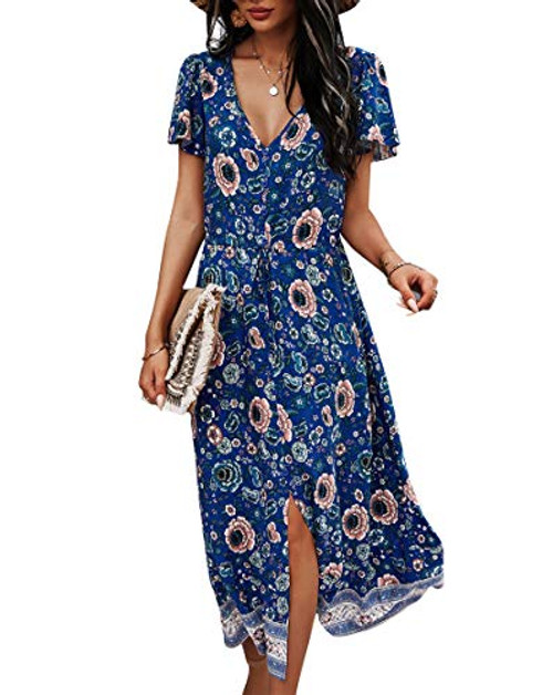 Women Floral Midi Dress Casual Boho Dress V Neck Short Sleeve Flowy Beach Dress -Blue2, m-