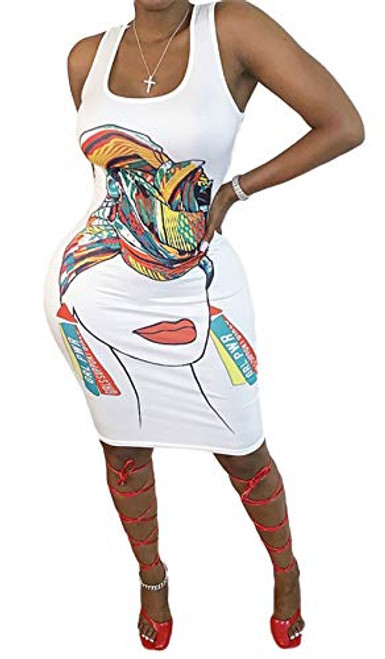 Hotheart Womens Sexy Sleeveless Graffiti Print Tank Dress Nightclub Clubwear Package Hip Dress White
