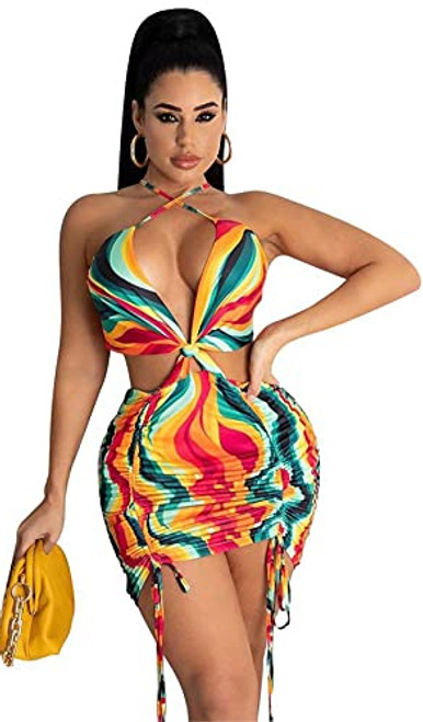 Womens Sexy Sleeveless Floral Printing Lace Up Strappy Package Hip Dress Nightclub Clubwear Dress Yellow Womens Sexy Sleeveless Floral Printing Lace Up Strappy Package Hip Dress Nightclub Clubwear Dress Yellow