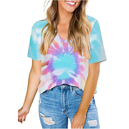 Women's Tie Dye V Neck Short Sleeve Casual Summer T-Shirt Casual Floral Loose Tee Top Patchwork Blouse Tunic