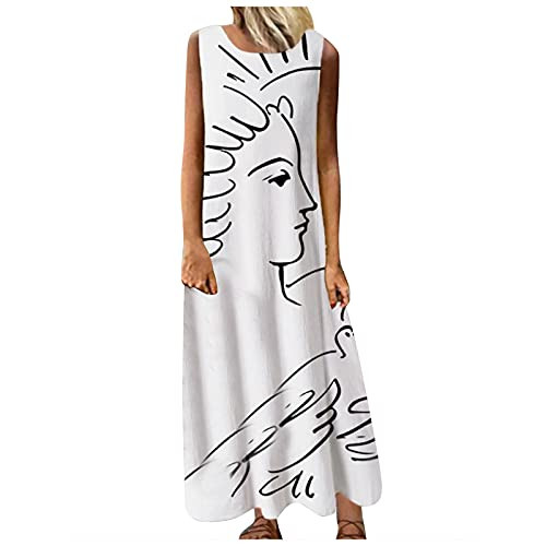 Floral Pattern Printed Long Dress for Women Round Neck Sleeveless Long Dress Summer Casual Loose Beach Long Dress White