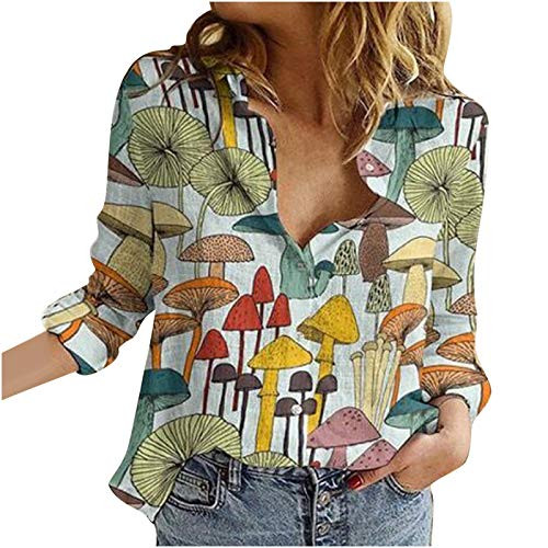 Fashion Women V Neck Striped Roll up Tops Blouses Casual Collar Print Long Sleeve Button Shirt