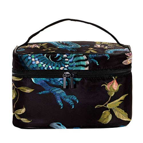 Inhomer Cosmetic Bag Embroidery Blue Dragon Travel Makeup Case Handy Toiletry Organizer Storage Box