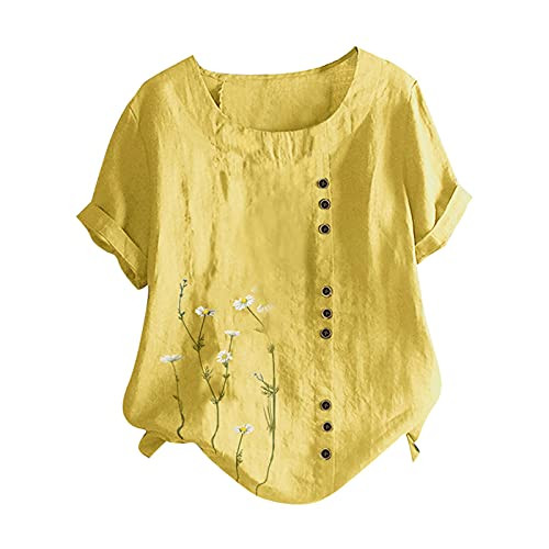 Plus Size Tops for Womens Summer Cotton and Linen Blouse Short Sleeve Round Neck T Shirt Floral Printing Tunic Yellow