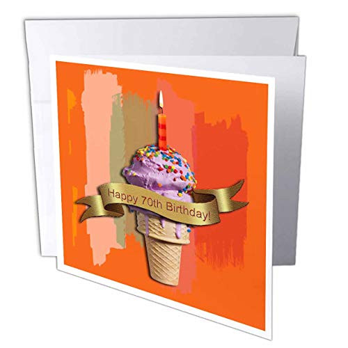 3dRose Happy 70th Birthday, Strawberry Ice Cream Cone on Abstract, Orange - Greeting Cards, 6 x 6 inches, set of 12 -gc-43488-2-