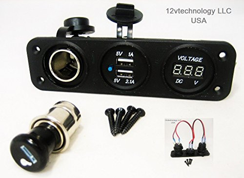 Triple Panel Dash Mount Includes Jumper with 3.1 a USB Charger  plus Voltmeter  plus12 Volt Socket Cigarette Lighter  plus Lighter Plug and Skirt Qcn8/cur/cv/ctd/splg/pba/qplt/4sq