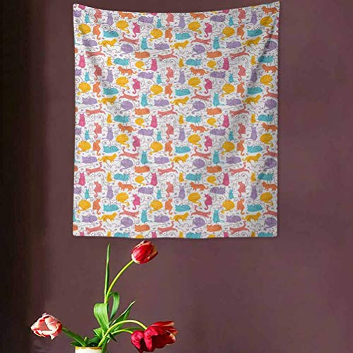 VVA Cat Printed tapestryColorful Cat Figures Silhouettes and Outlines Bow Ties Sleeping Playing Happy Joyful Wall Hanging Bedding Tapestry Multicolor