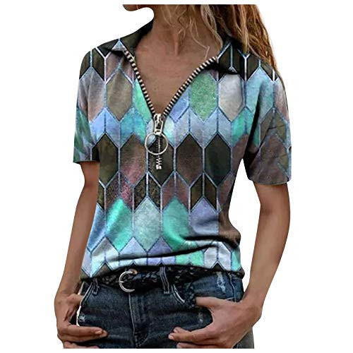 Dosoop Women's Zipper Lapel V Neck Tshirt Tops Vintage Geometric Printed Short Sleeve Blouse Casual Loose Fit Tees