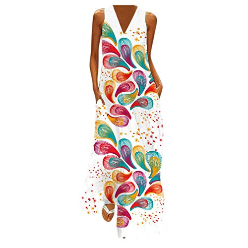 Zieglen Women Casual Summer Floral Print Loose Party Bohemian Tank Elegant Sleeveless Flowy Long Maxi Dress Beach Sundress White