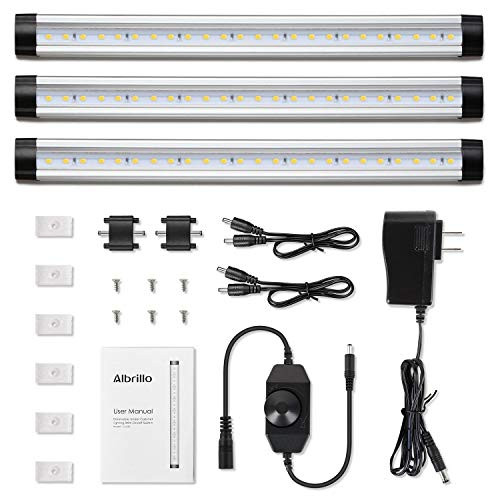 Albrillo LED Under Cabinet Lighting, Dimmable Under Counter Lighting, 12W 900 Lumens, Warm White 3000K Kitchen Cabinet Strip Lights, Pack of 3 Albrillo LED Under Cabinet Lighting, Dimmable Under Counter Lighting, 12W 900 Lumens, Warm White 3000K Kitchen Cabinet Strip Lights, Pack of 3