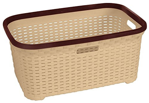 Rattan (Wicker Style) 1 Bushel Laundry Basket (Beige Base and Brown Trim)