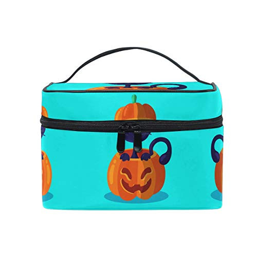 Orange Pumpkin Black Cat Cosmetic Bag Organizer Zipper Makeup Bags Pouch Toiletry Case for Girl Women