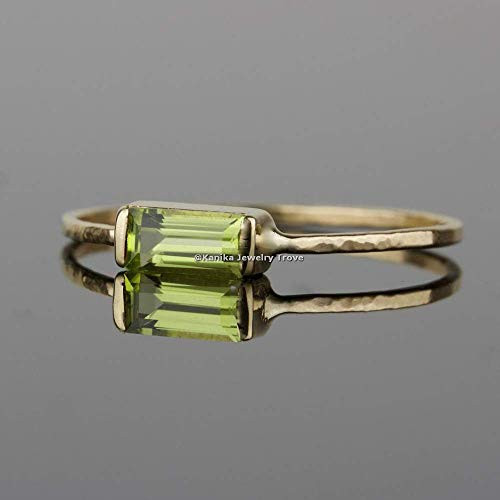 August Birthstone Rings-Green Gemstone Rings-Baguette Shape Peridot Rings-925 Sterling Silver Rings For Womens-Stacking Yellow Gold Plating Rings, Size 7