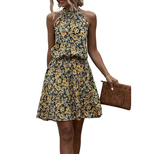 CORIRESHA Women Sweet Floral Printed Dresses Casual Summer Sleeveless Halter Neck Ruffle Sexy Short Dress Yellow