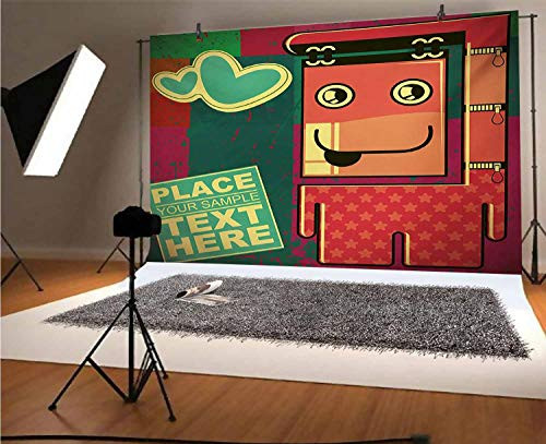 Funny 7x5 FT Vinyl Photography Background Backdrops,Cartoon Caricature Monster Figure on Grunge Backdrop with Hearts Humorous Cheerful Background for Graduation Prom Dance Decor Photo Booth Studio Pro