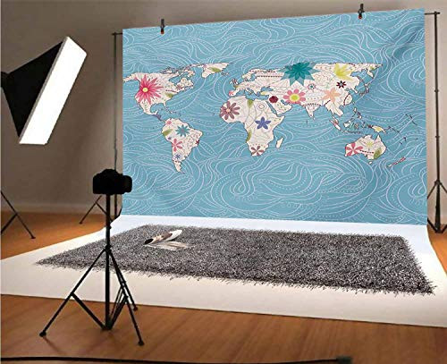 Floral World Map 7x5 FT Vinyl Photography Background Backdrops,Map with Floral Blossom Continent Figures Ecology Peace Nature Design Background for Photo Backdrop Studio Props Photo Backdrop Wall