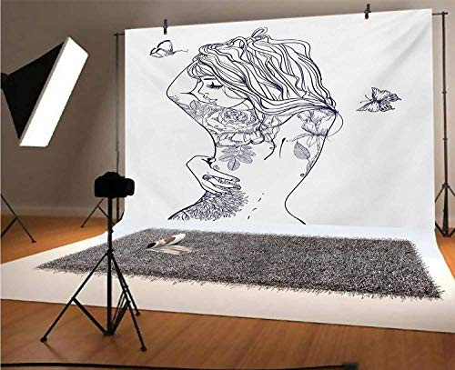 Tattoo 7x5 FT Vinyl Photography Background Backdrops,Sexy Woman with Floral Butterfly Beauty Leaves Botanical Figures on Her Back Background for Graduation Prom Dance Decor Photo Booth Studio Prop Ban