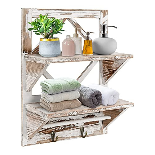 Rustic 2-Tier Bathroom Shelves, Wall Mounted Bathroom Storage Rack, Farmhouse Shower Shelf Towel Rack with 2 Hooks, Wall Hanging Towel Storage Shelf Holder, Wood Wall Shelves with Towel Bar