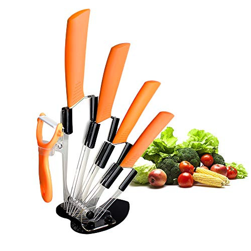 Ceramic Knife Set,Five Piece 6" Chef Knife, 5" Utility Knife, 4" Fruit Knife, 3" Paring Knife, 1'' Vegetable Fruit Peeler, Rust Proof And Stain Resistant, Kitchen Chef Knife Sharp Set -Orange-
