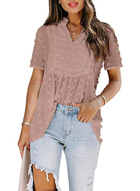 AlvaQ Women's Pink Chiffon Babydoll Tops Summer Short Sleeve Cute Swiss Dot Pom Pom Blouses Flowy Boho Shirts Pink Large AlvaQ Women's Pink Chiffon Babydoll Tops Summer Short Sleeve Cute Swiss Dot Pom Pom Blouses Flowy Boho Shirts Pink Large
