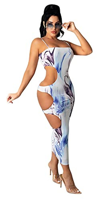 Womens Sexy Sleeveless Hollow Out Floral Print Bodycon Maxi Dress Nightclub Clubwear Dress White