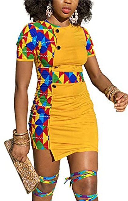 Hotheart Womens Sexy OL Short Sleeve Geometry Printing Button Package Hip Dress Nightclub Dress Yellow