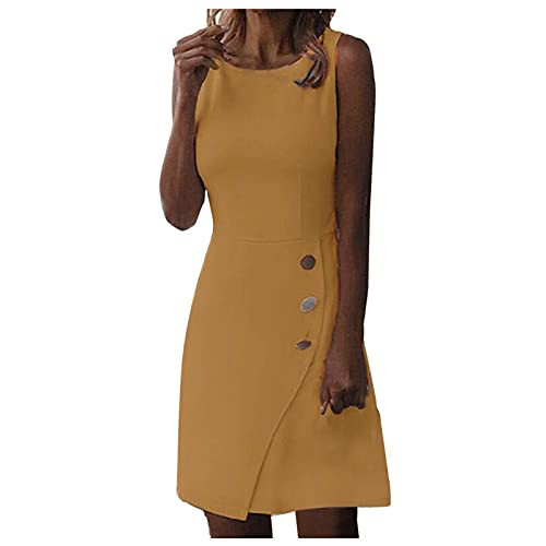 BOOMJIU Women Dresses Sleeveless Crew Neck Solid Color Button Dress Summer Casual Work Pencil Dresses Yellow