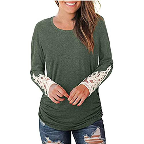 Womens Long Sleeve Lace Stitching V-neck Button Casual Solid Color Loose Tunic Tops Blouses