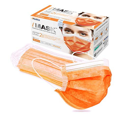 Pac-Dent iMask ASTM Level 2, 4-Ply Disposable Protective Face Masks, Orange, 50 Pack -MASKT-04O-A